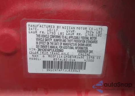 2018 Nissan Versa 1.6 Sv z USA, uszkodzony, nr VIN 3N1CN7AP7JL833563